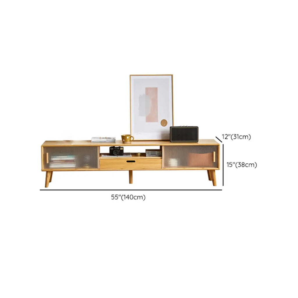 Meuble TV en bois naturel avec porte coulissante en verre et tiroirs (55 pouces)