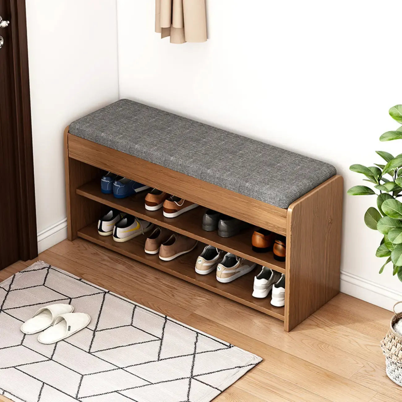 Banc de rangement à chaussures en bois brun avec rangement rabattable