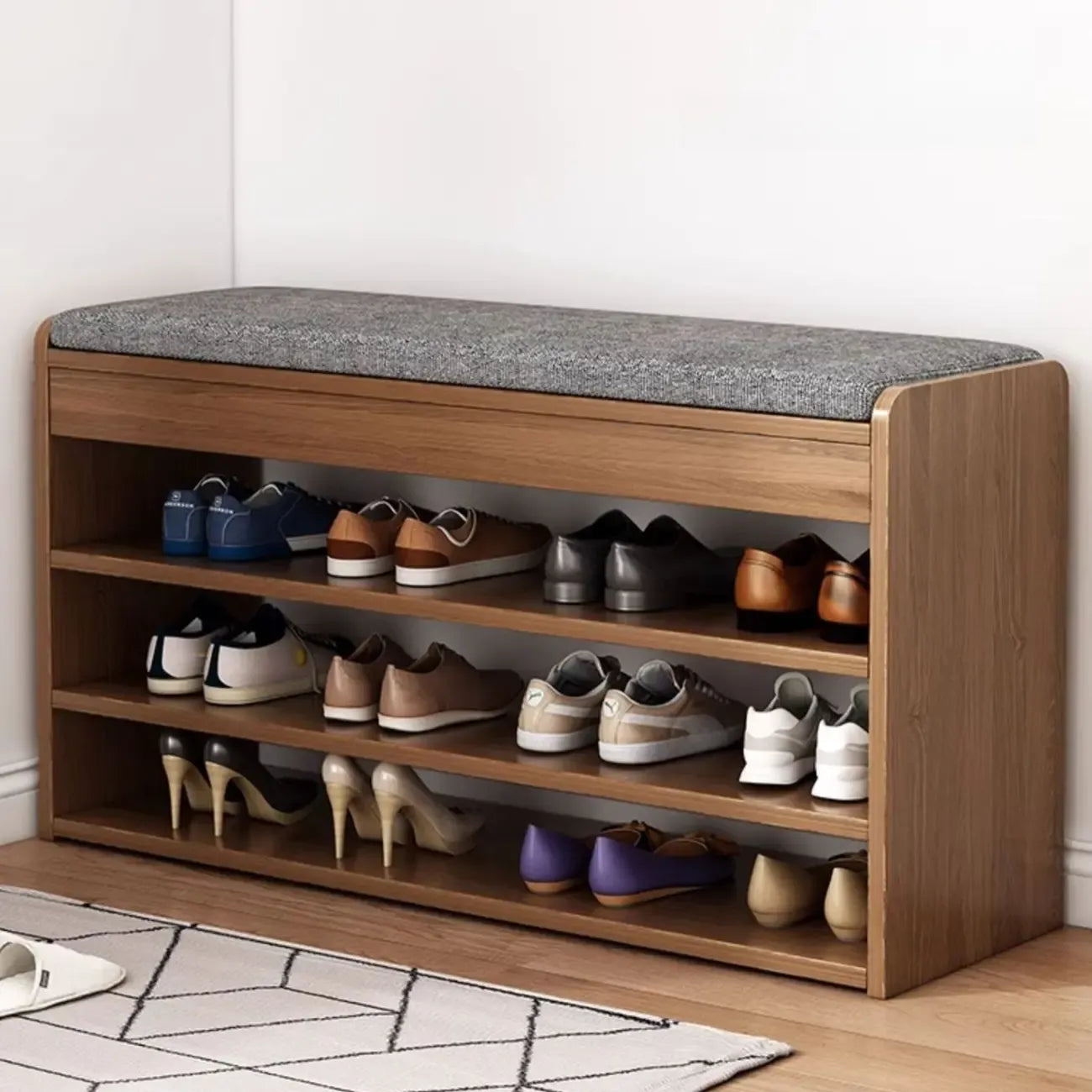 Banc de rangement à chaussures en bois brun avec rangement rabattable