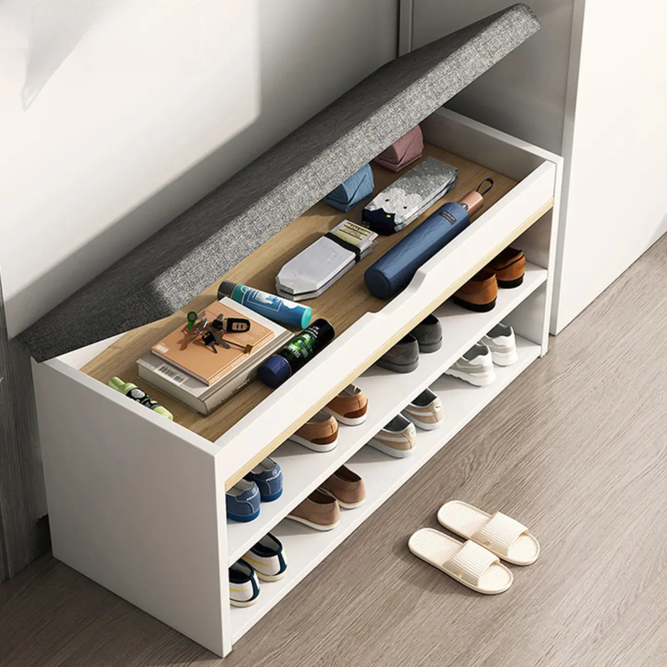 Banc de rangement à chaussures en bois brun avec rangement rabattable
