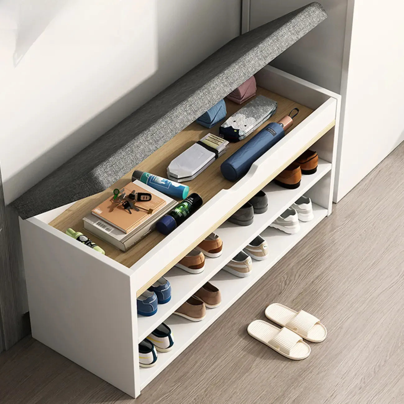 Banc de rangement à chaussures en bois brun avec rangement rabattable