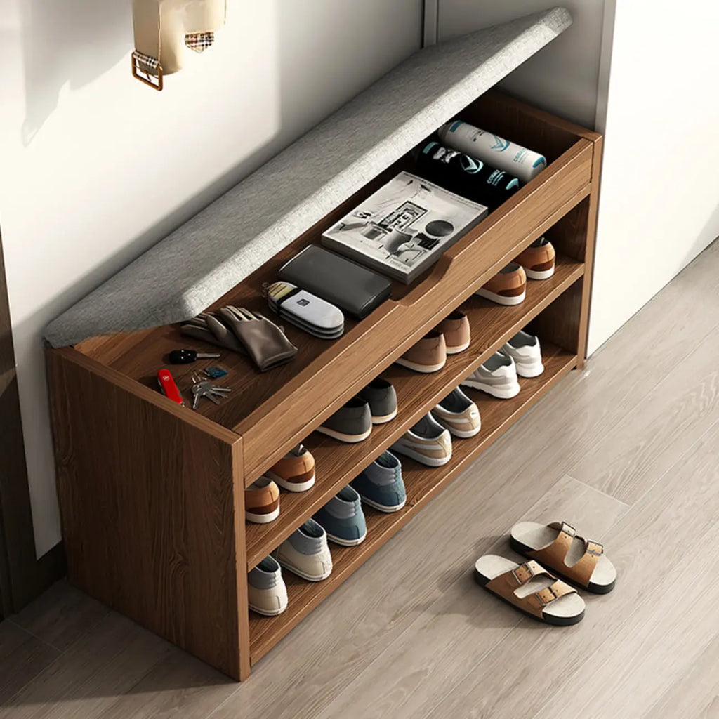 Banc de rangement à chaussures en bois brun avec rangement rabattable