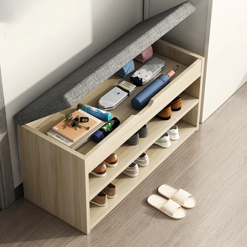 Banc de rangement à chaussures en bois brun avec rangement rabattable