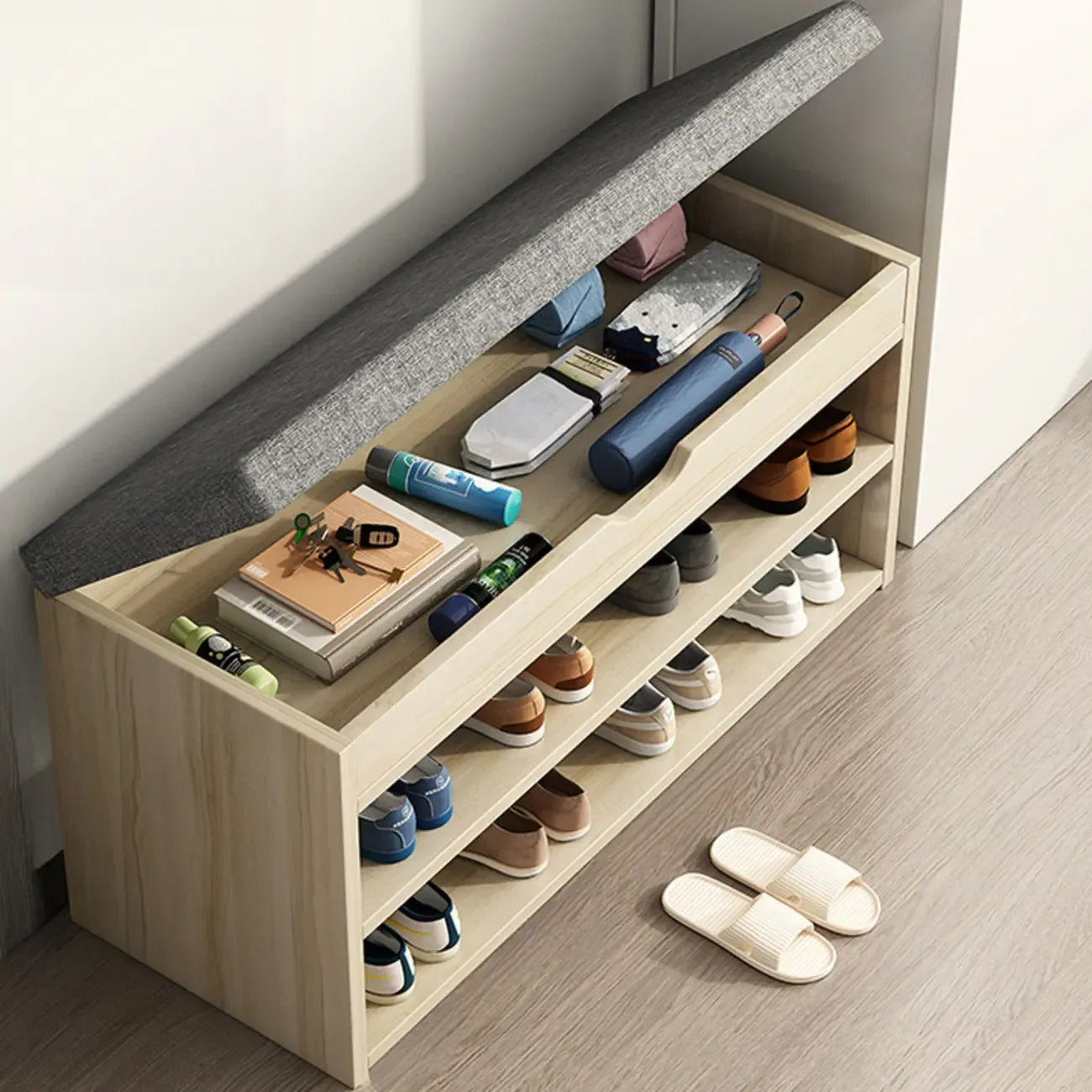 Banc de rangement à chaussures en bois brun avec rangement rabattable