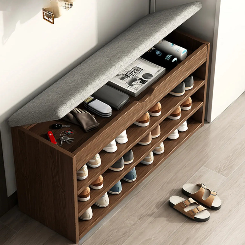 Banc de rangement à chaussures en bois brun avec rangement rabattable
