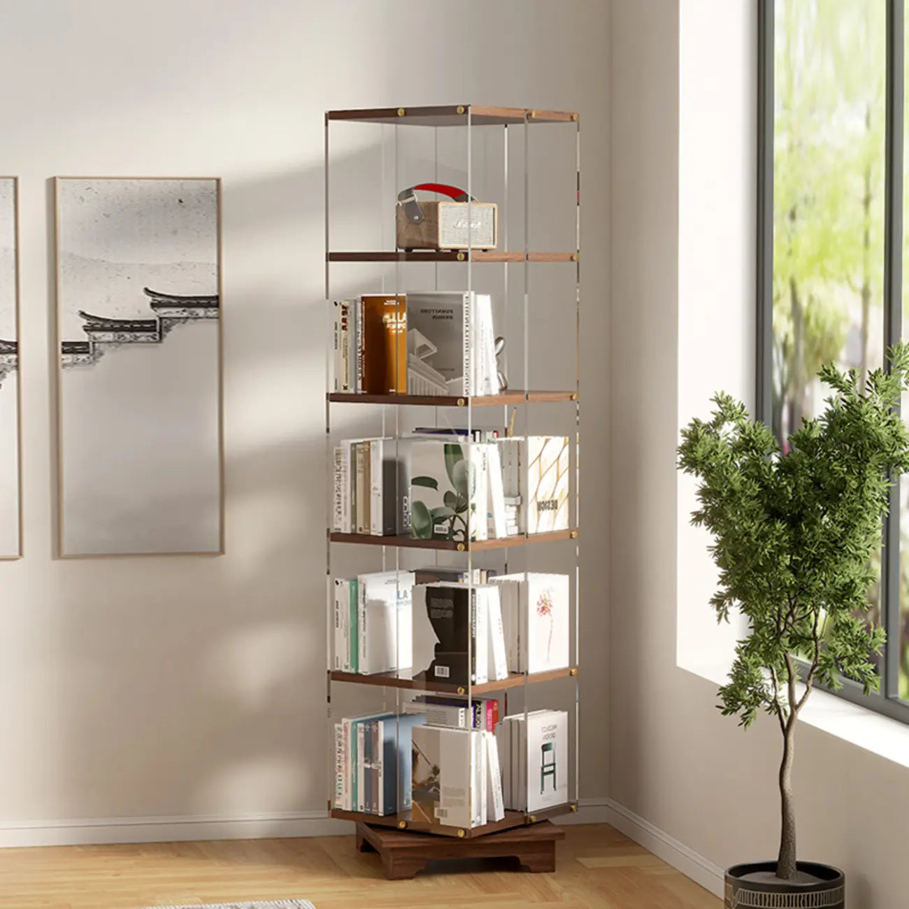 Étagère carrée Art Déco en bois, panneau de verre, commode pivotante