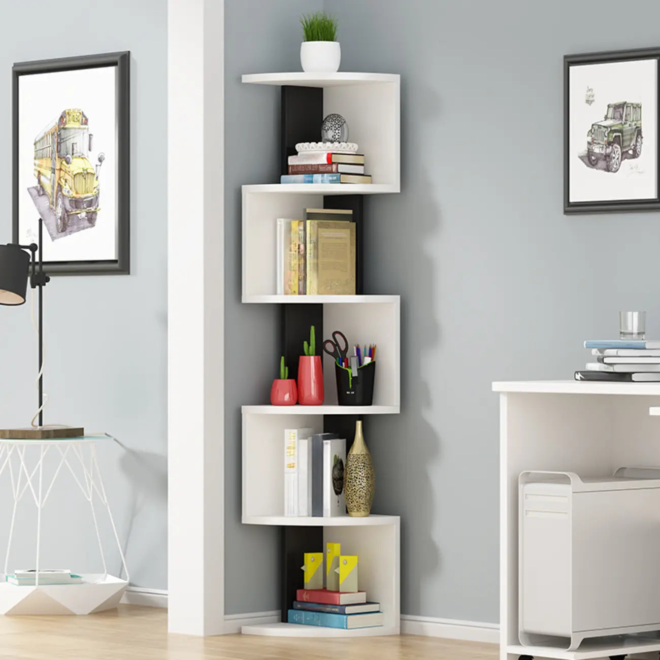 Meuble d'angle moderne en bois noir et blanc pour salon