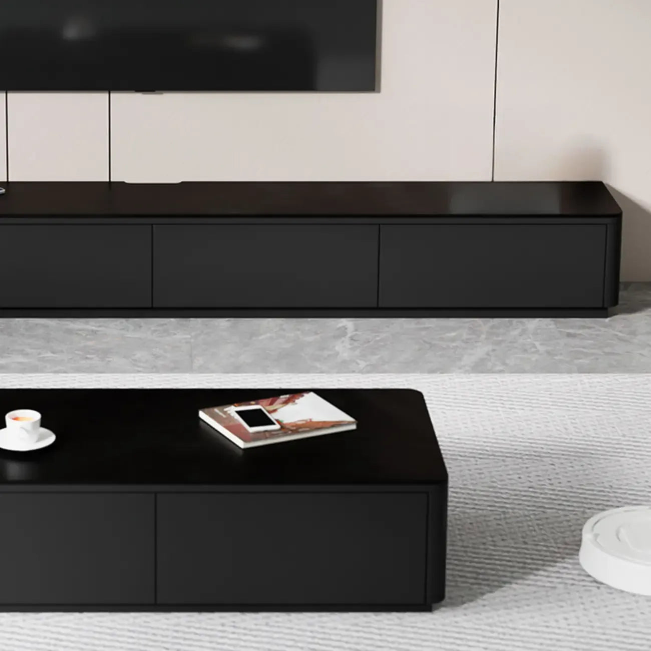 Meuble TV rectangulaire noir en bois avec gestion des câbles (63 cm)