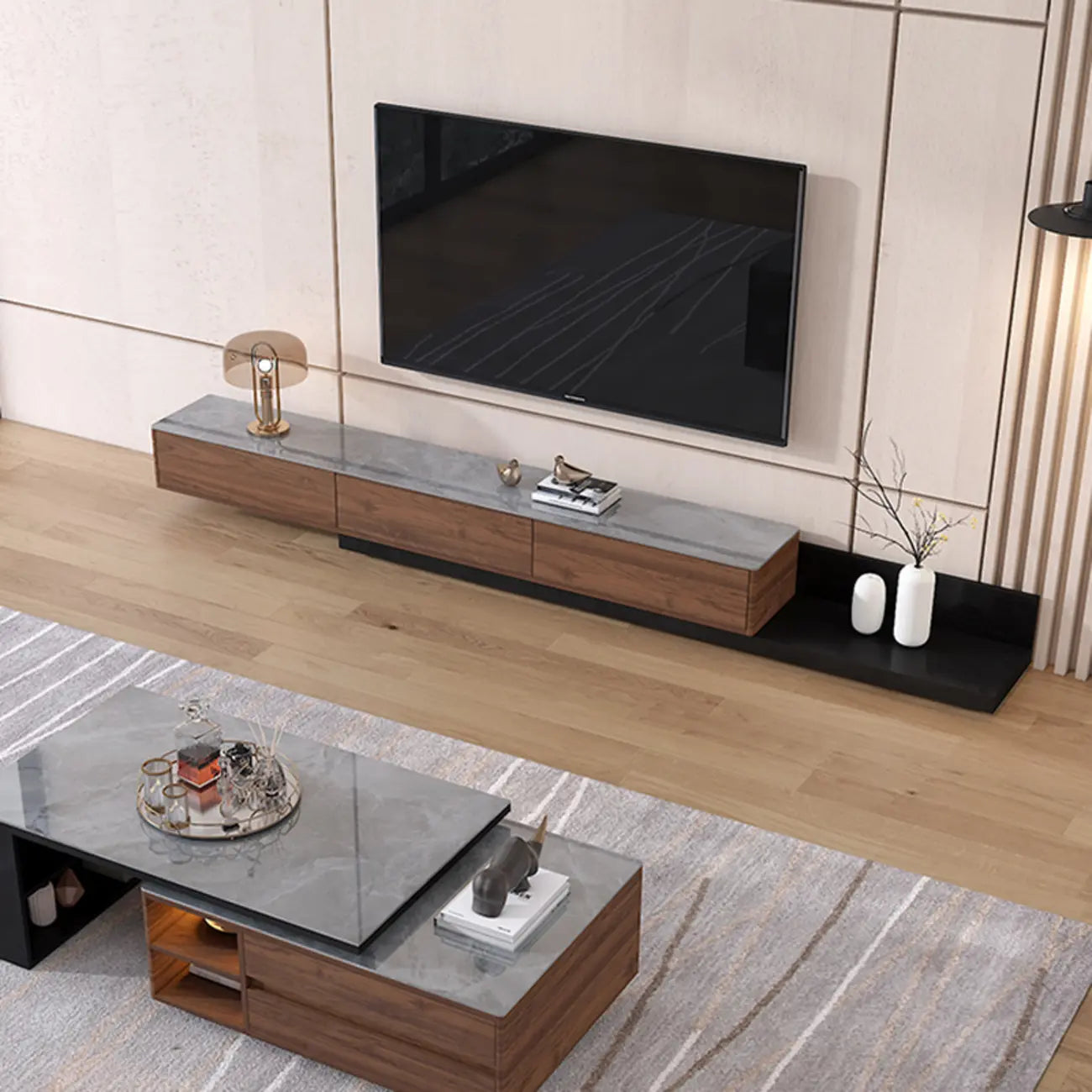 Meuble TV moderne en pierre noire et noyer de 71 pouces avec tiroirs