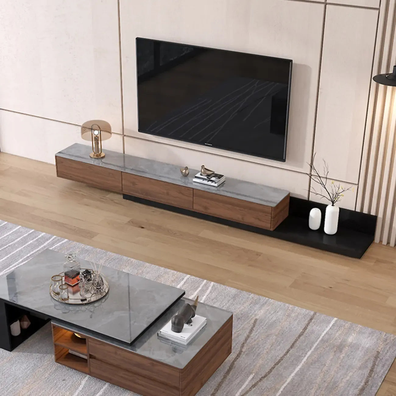 Meuble TV moderne en pierre noire et noyer de 71 pouces avec tiroirs