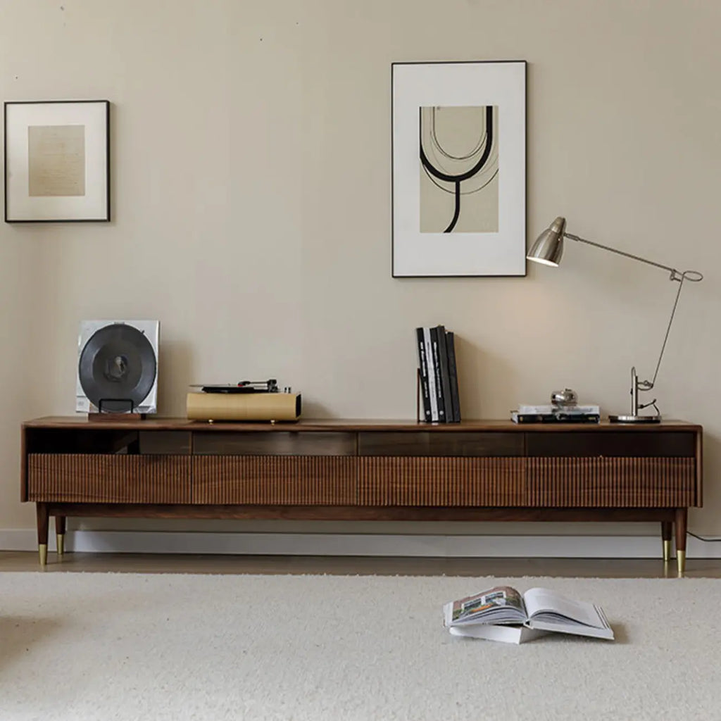 Mobile TV con scanalature 94,5 in legno marrone noce e cassetti