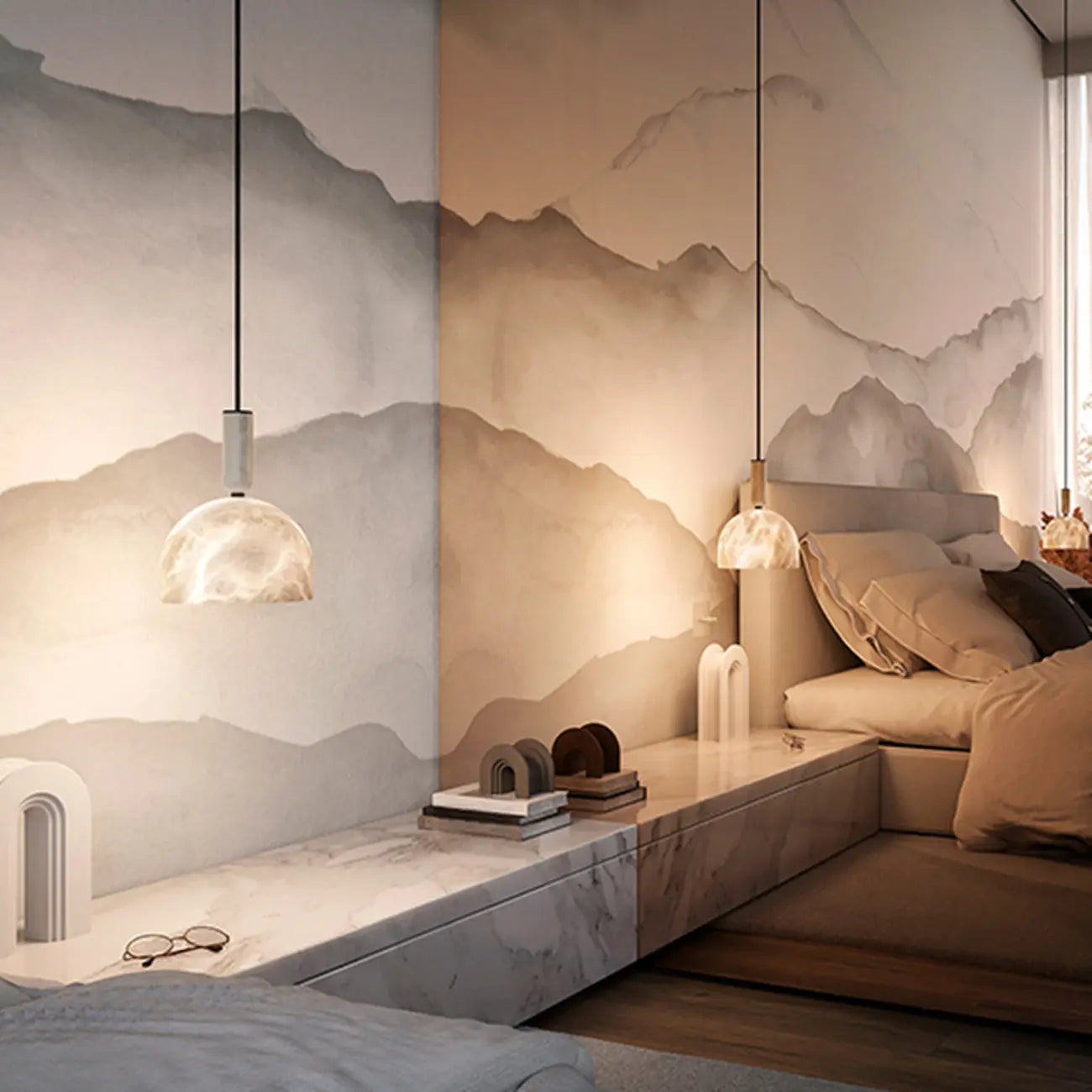 Suspension en albâtre blanc en forme de dôme pour chambre contemporaine