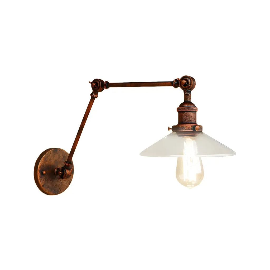 Lampada da parete industriale con braccio orientabile in ottone anticato e vetro