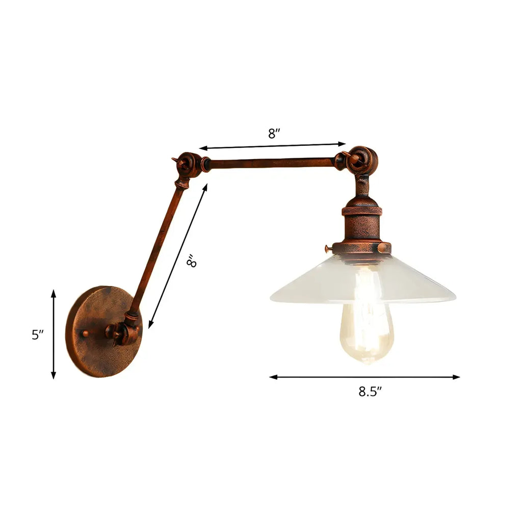 Lampada da parete industriale con braccio orientabile in ottone anticato e vetro