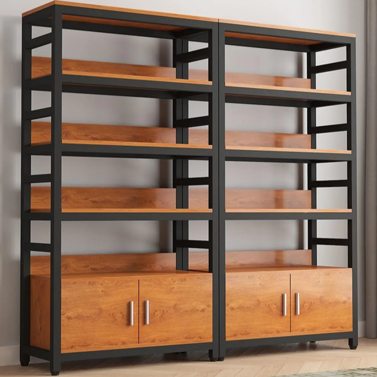 Bibliothèque verticale en bois marron à plusieurs étagères avec armoire
