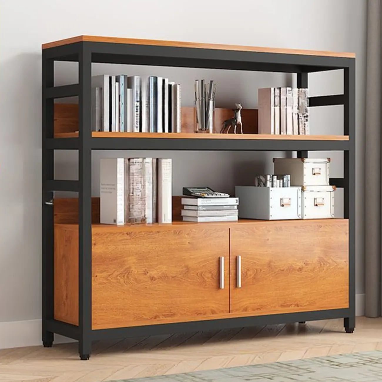 Bibliothèque verticale en bois marron à plusieurs étagères avec armoire