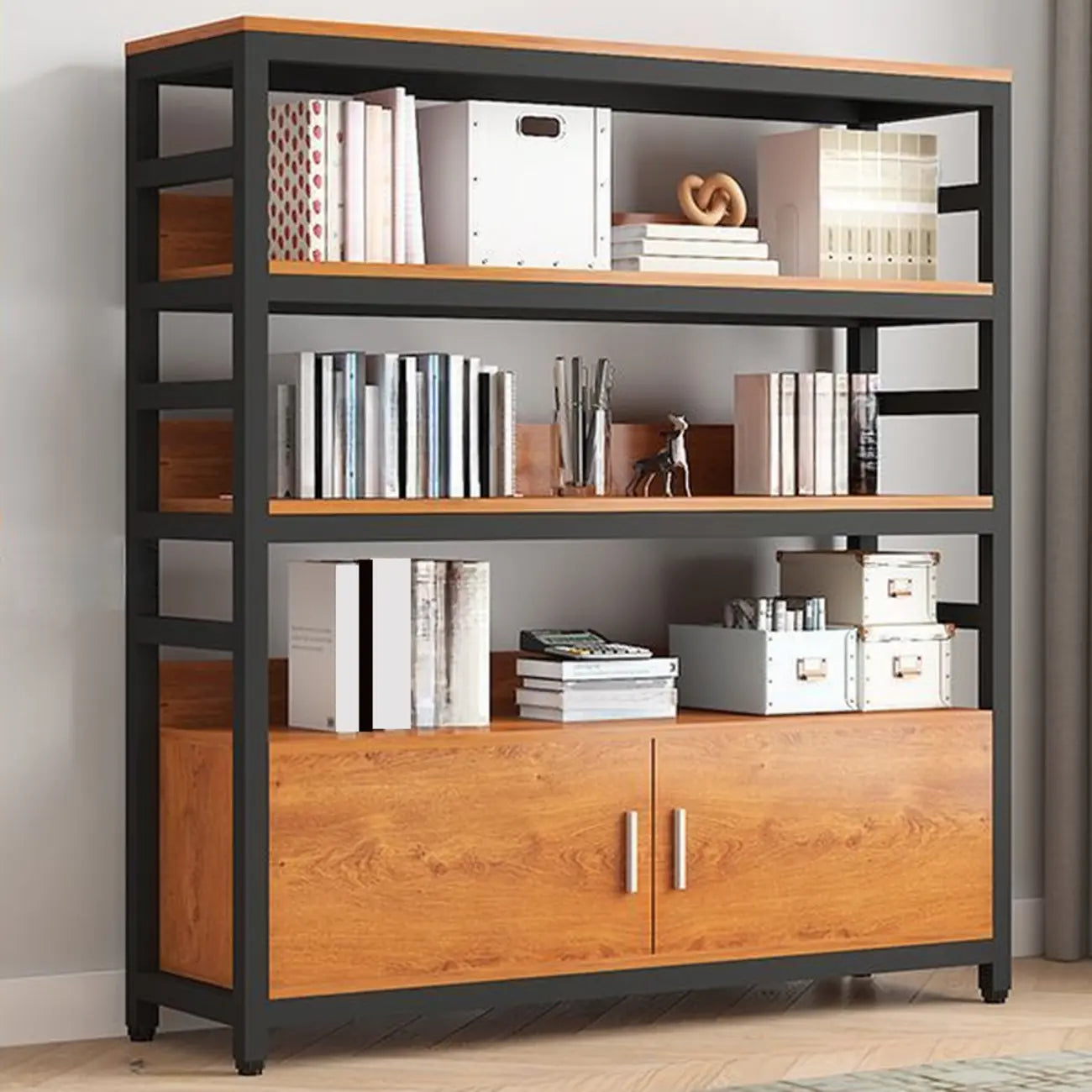 Bibliothèque verticale en bois marron à plusieurs étagères avec armoire
