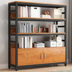 Bibliothèque verticale en bois marron à plusieurs étagères avec armoire