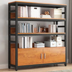 Bibliothèque verticale en bois marron à plusieurs étagères avec armoire