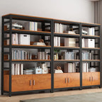 Bibliothèque verticale en bois marron à plusieurs étagères avec armoire