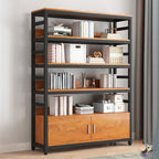 Bibliothèque verticale en bois marron à plusieurs étagères avec armoire
