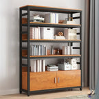 Bibliothèque verticale en bois marron à plusieurs étagères avec armoire