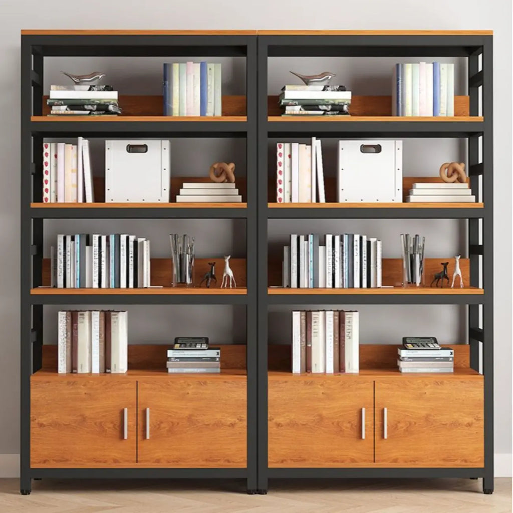 Bibliothèque verticale en bois marron à plusieurs étagères avec armoire