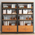 Bibliothèque verticale en bois marron à plusieurs étagères avec armoire