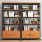 Bibliothèque verticale en bois marron à plusieurs étagères avec armoire