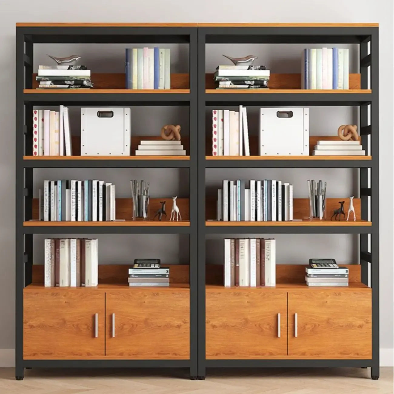 Bibliothèque verticale en bois marron à plusieurs étagères avec armoire