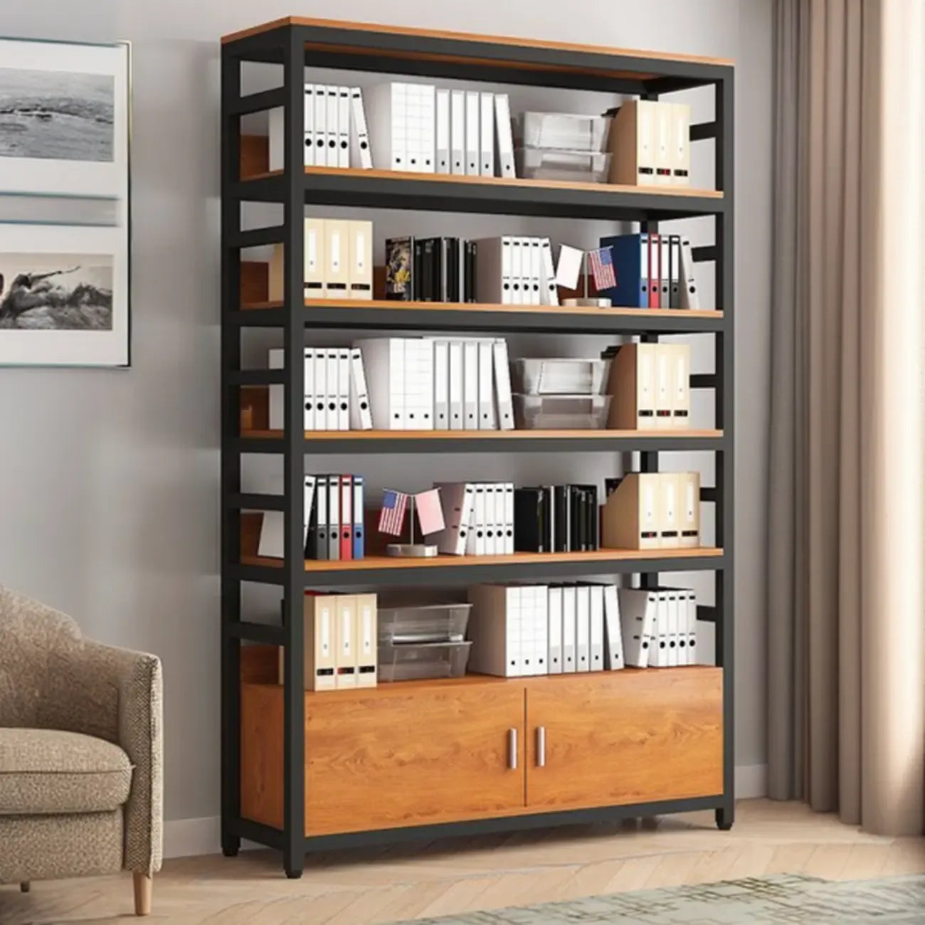 Bibliothèque verticale en bois marron à plusieurs étagères avec armoire