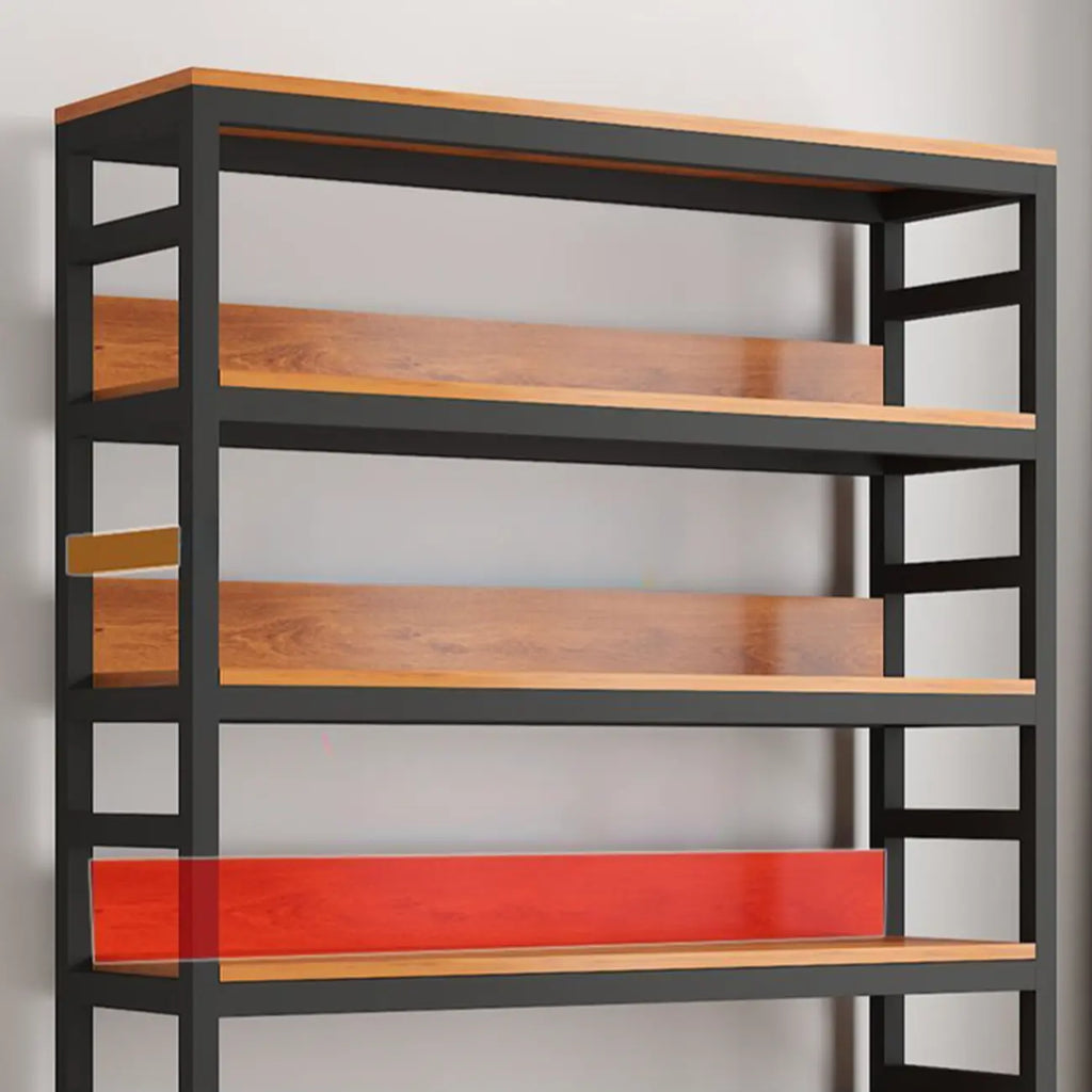 Bibliothèque verticale en bois marron à plusieurs étagères avec armoire