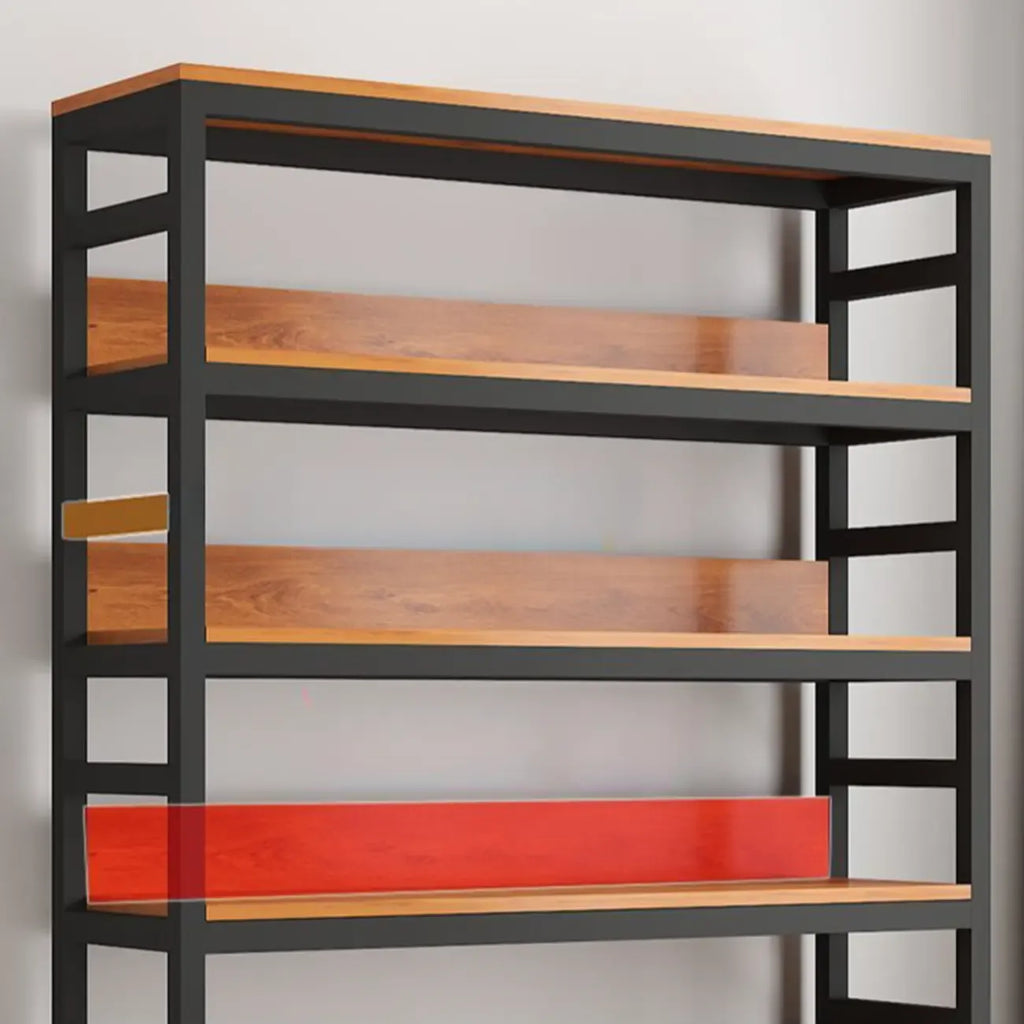 Bibliothèque verticale en bois marron à plusieurs étagères avec armoire