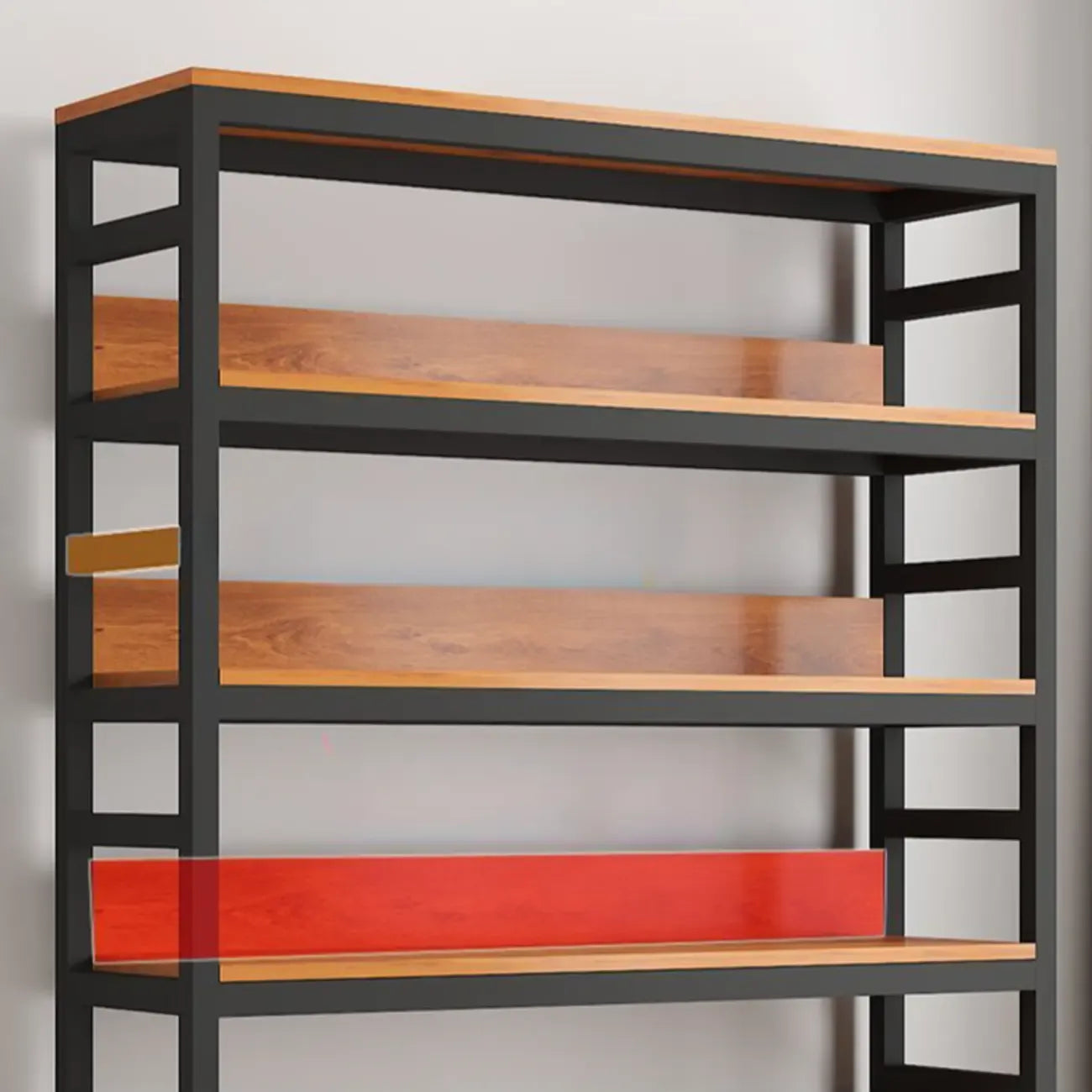 Bibliothèque verticale en bois marron à plusieurs étagères avec armoire