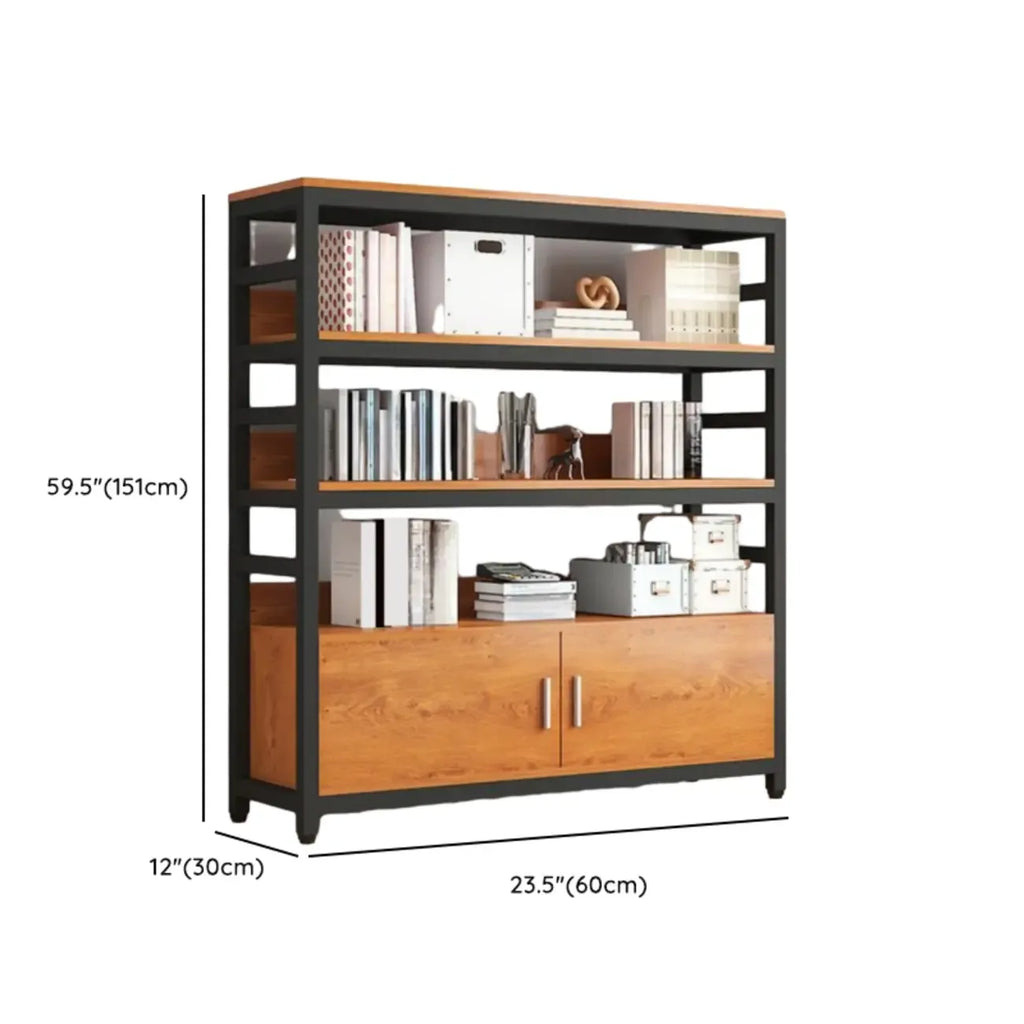 Bibliothèque verticale en bois marron à plusieurs étagères avec armoire