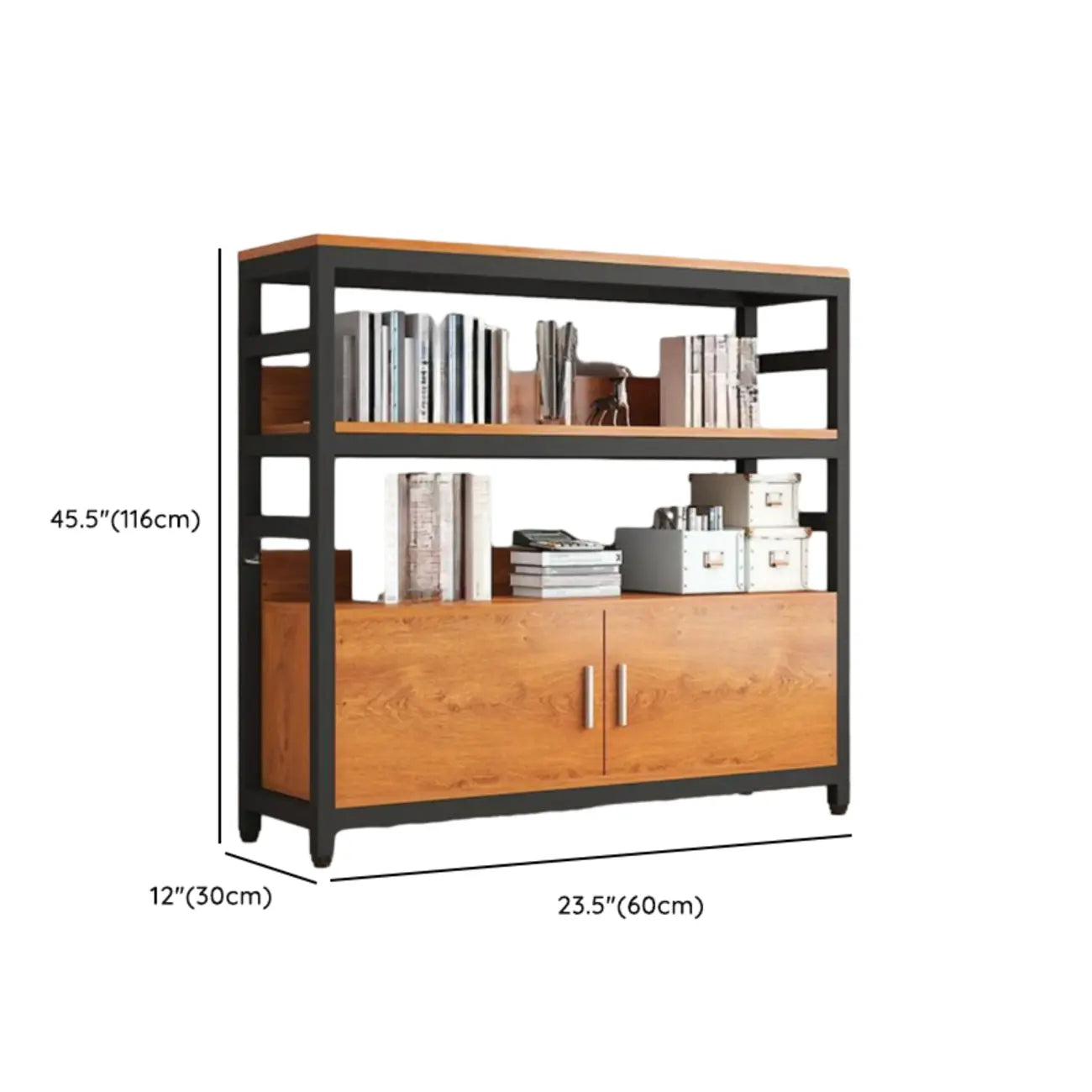 Bibliothèque verticale en bois marron à plusieurs étagères avec armoire