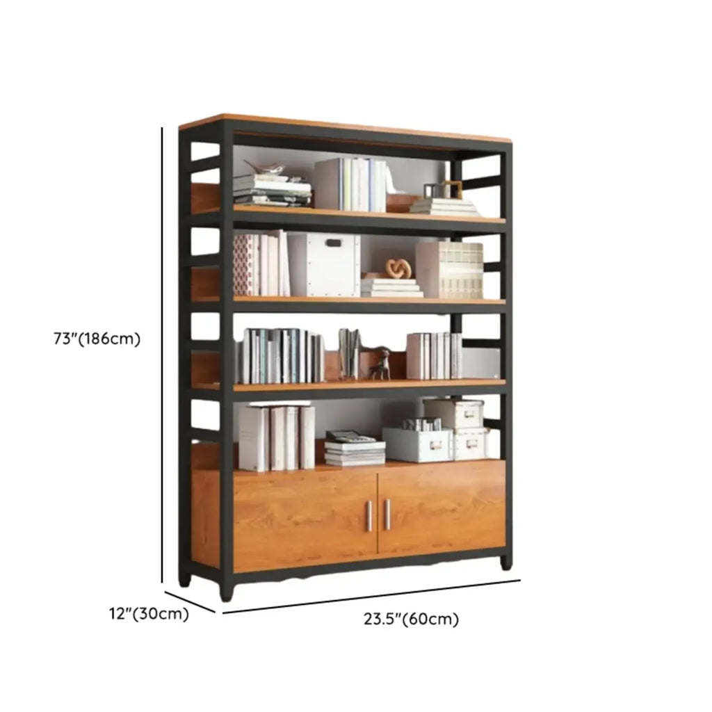 Bibliothèque verticale en bois marron à plusieurs étagères avec armoire