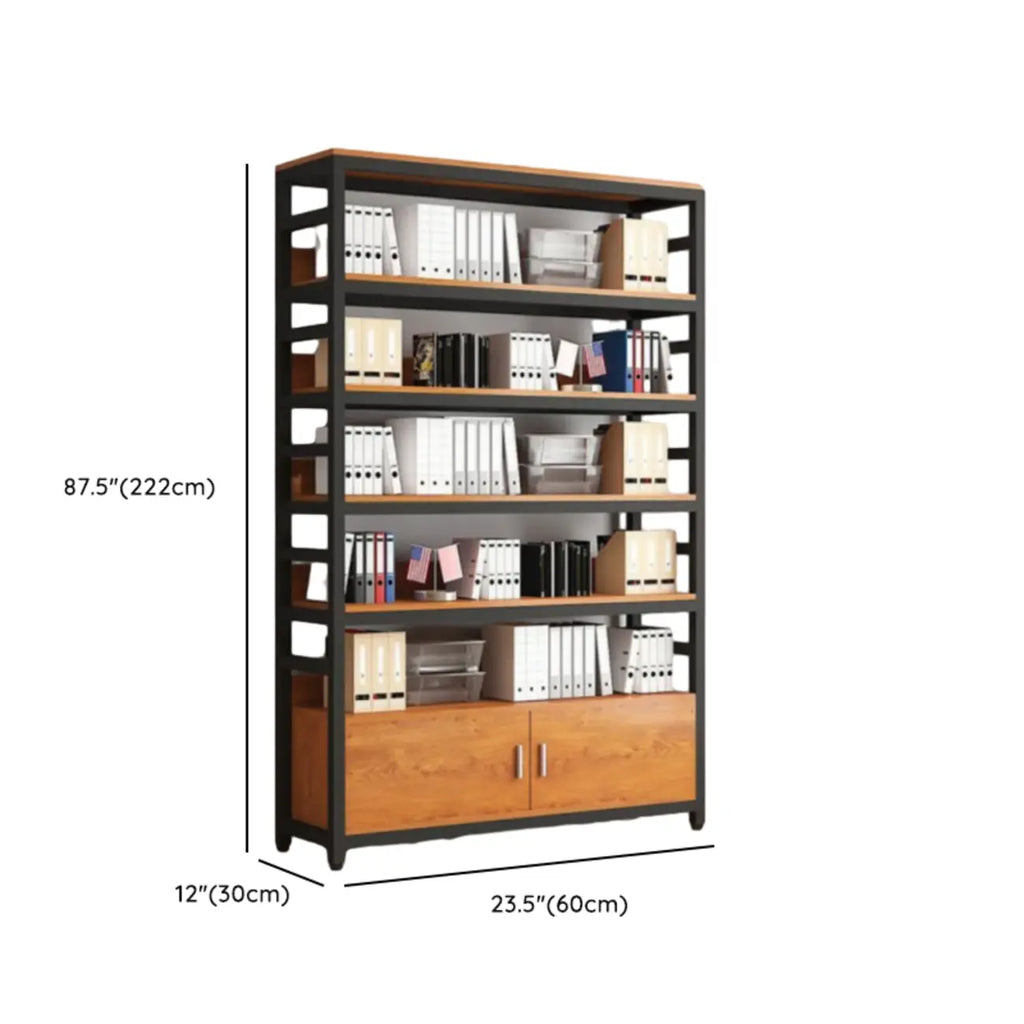 Bibliothèque verticale en bois marron à plusieurs étagères avec armoire