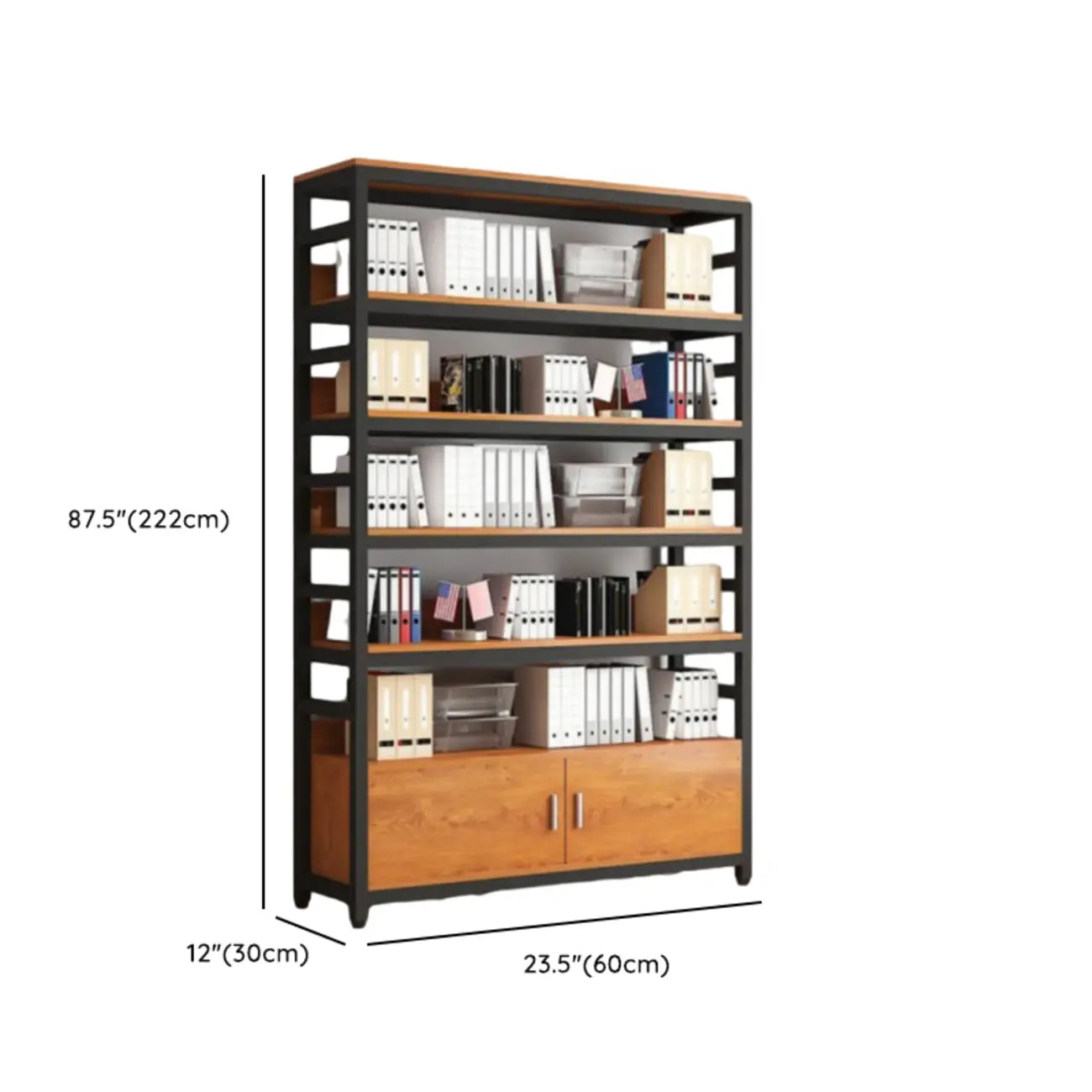 Bibliothèque verticale en bois marron à plusieurs étagères avec armoire