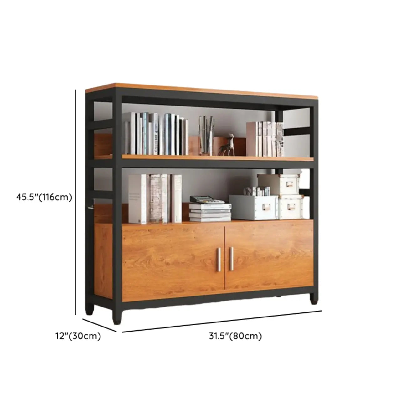 Bibliothèque verticale en bois marron à plusieurs étagères avec armoire