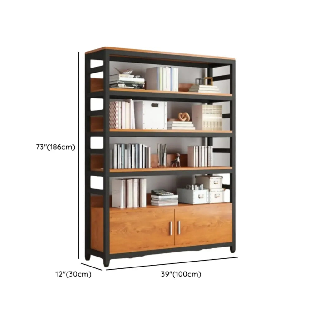 Bibliothèque verticale en bois marron à plusieurs étagères avec armoire
