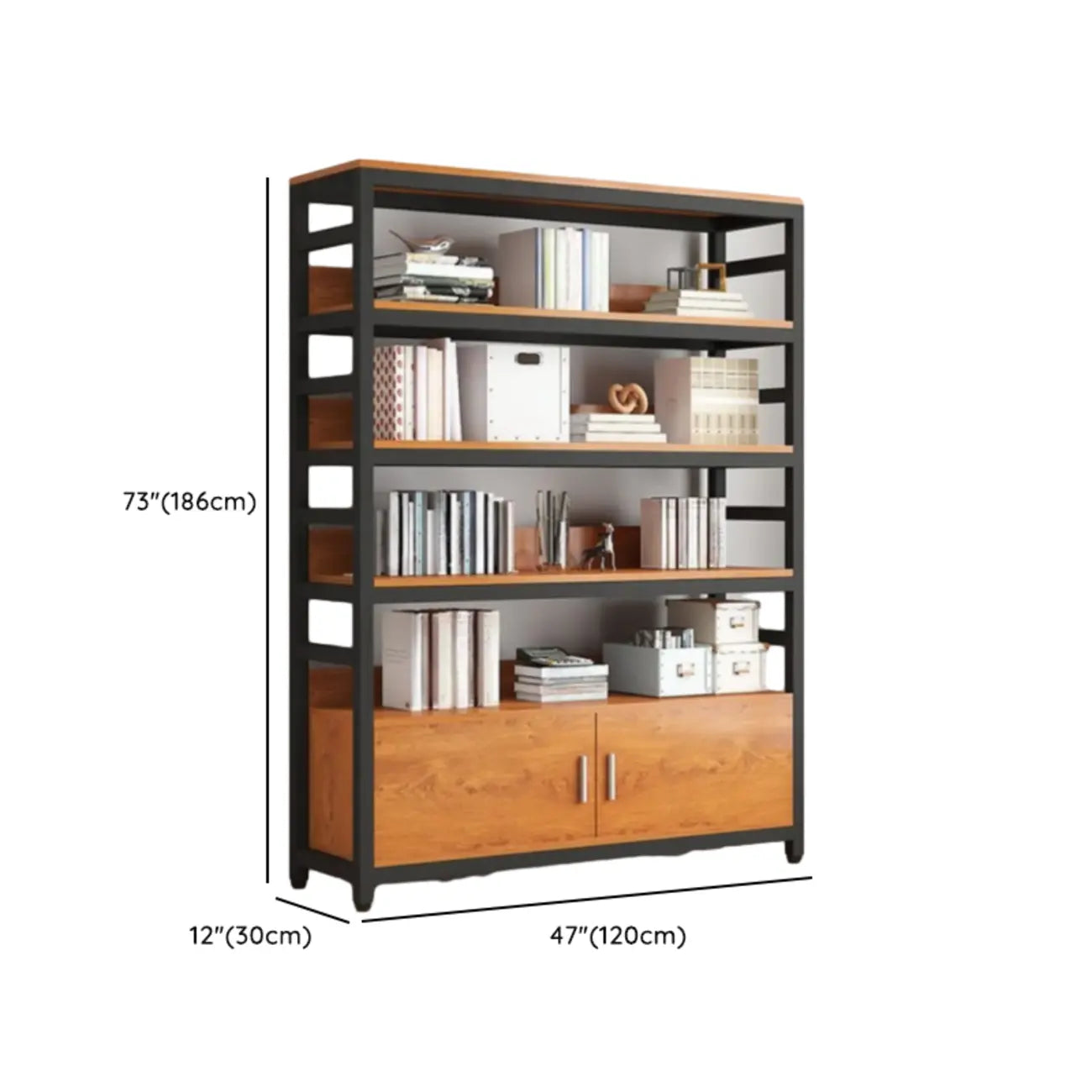Bibliothèque verticale en bois marron à plusieurs étagères avec armoire