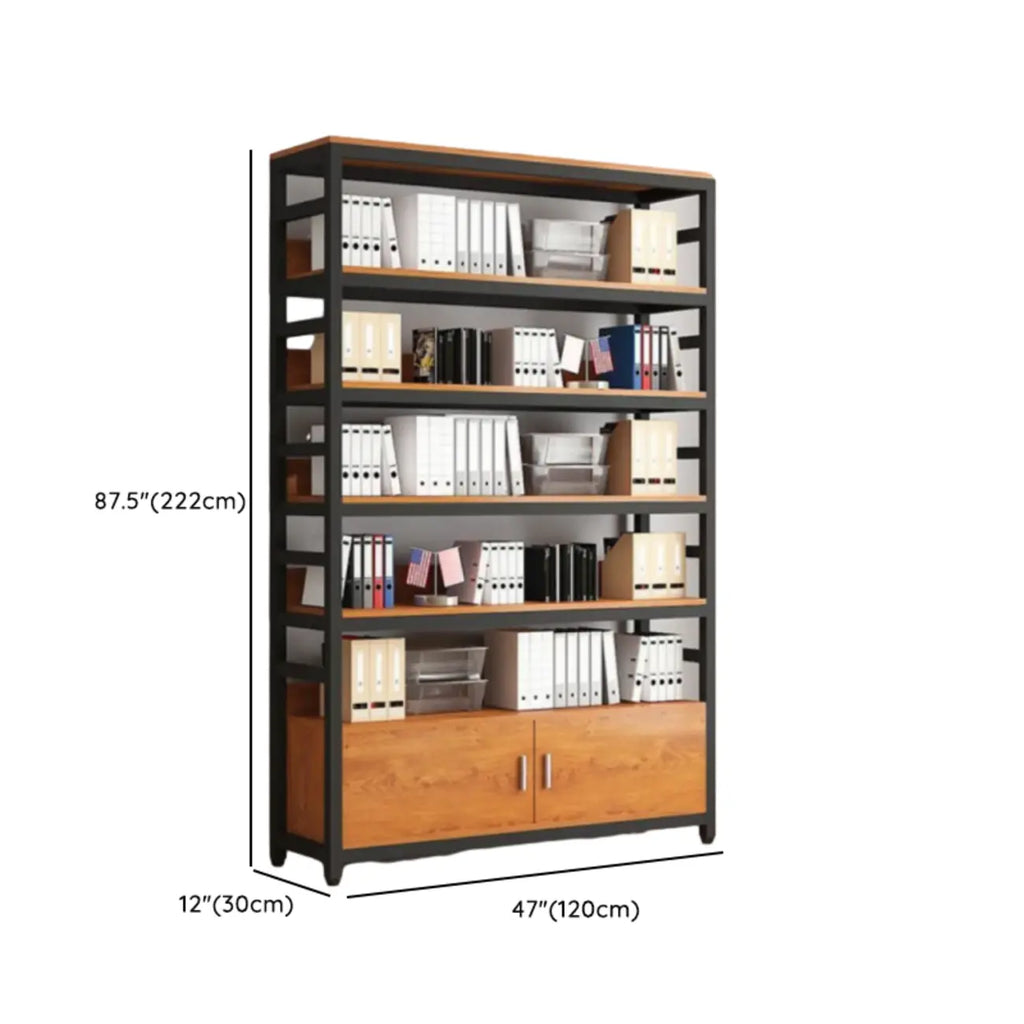 Bibliothèque verticale en bois marron à plusieurs étagères avec armoire