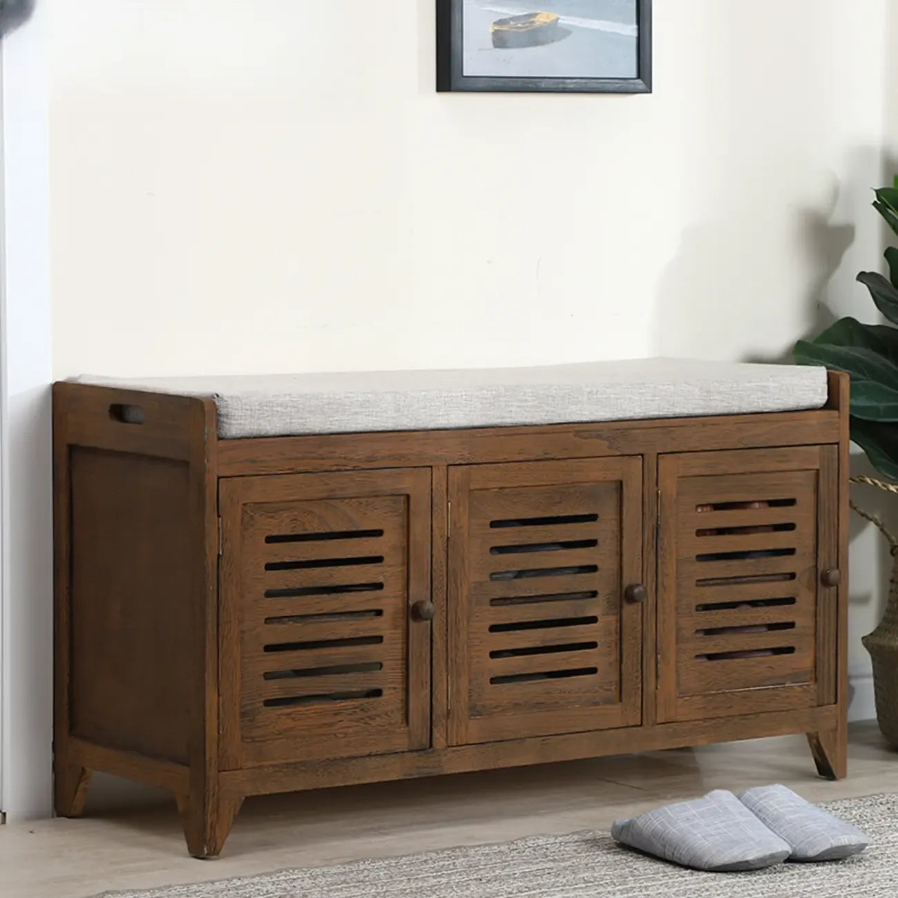 Banc à chaussures rembourré en bois avec meuble d'entrée