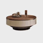 Table basse ronde élégante en bois marron à 2 tiroirs
