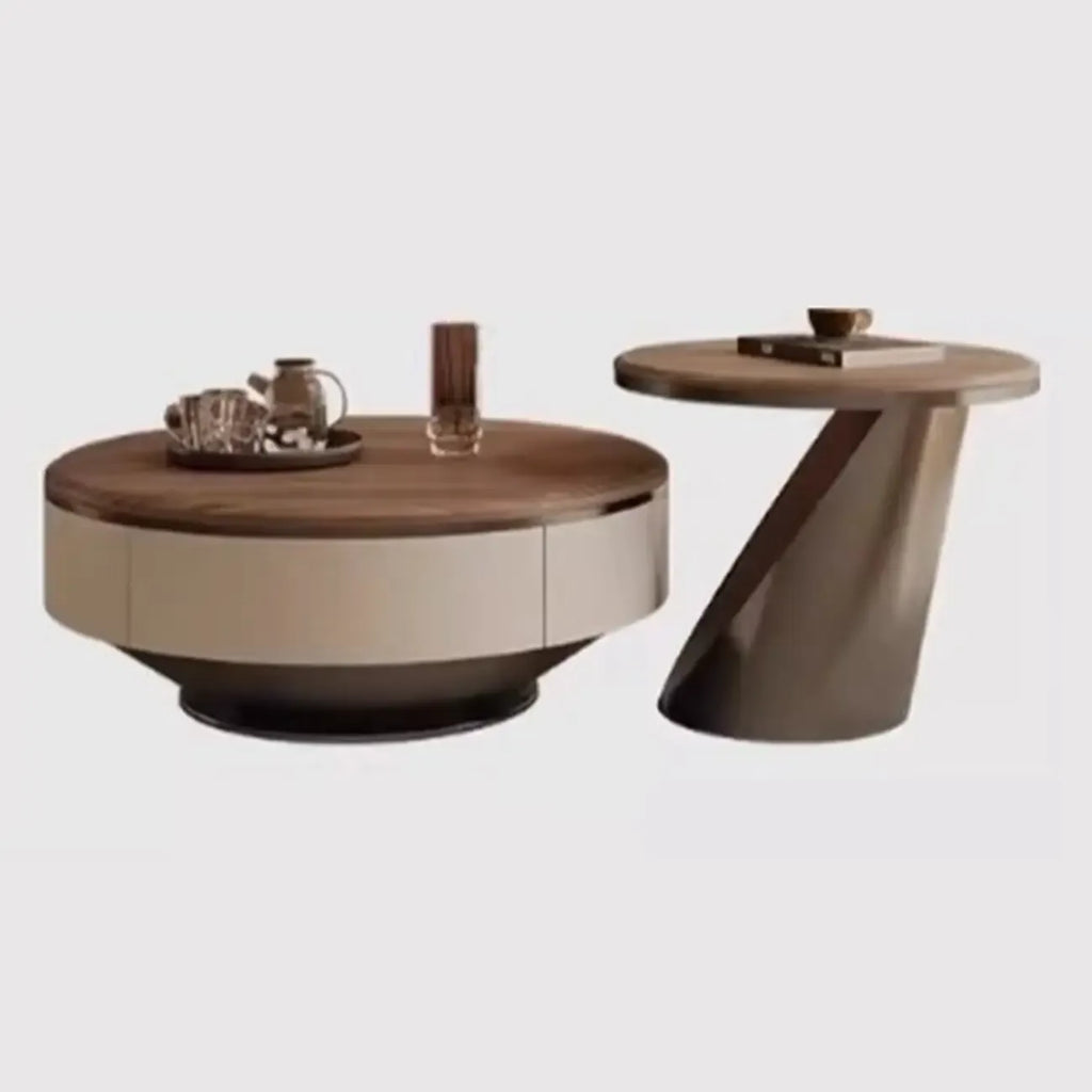 Table basse ronde élégante en bois marron à 2 tiroirs