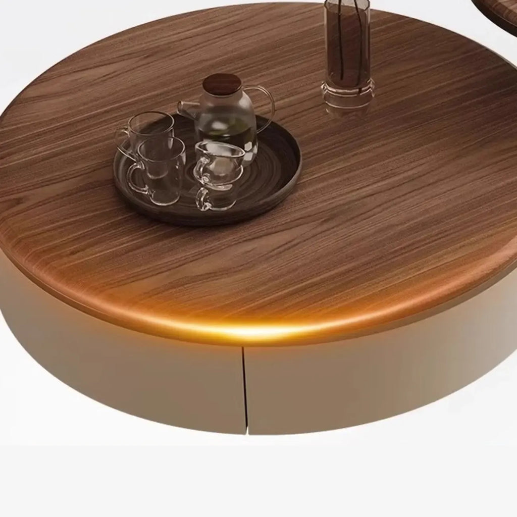 Table basse ronde élégante en bois marron à 2 tiroirs