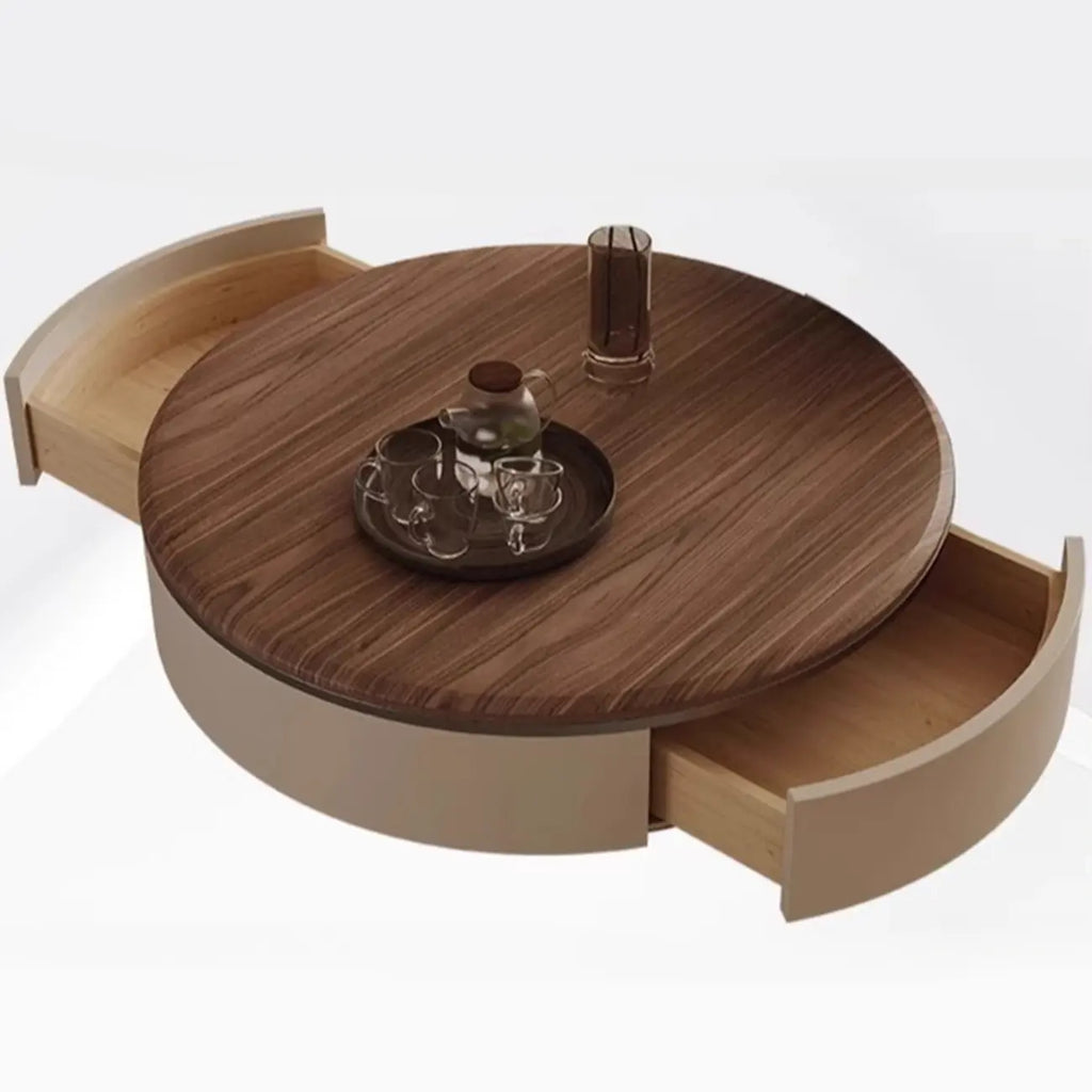 Table basse ronde élégante en bois marron à 2 tiroirs
