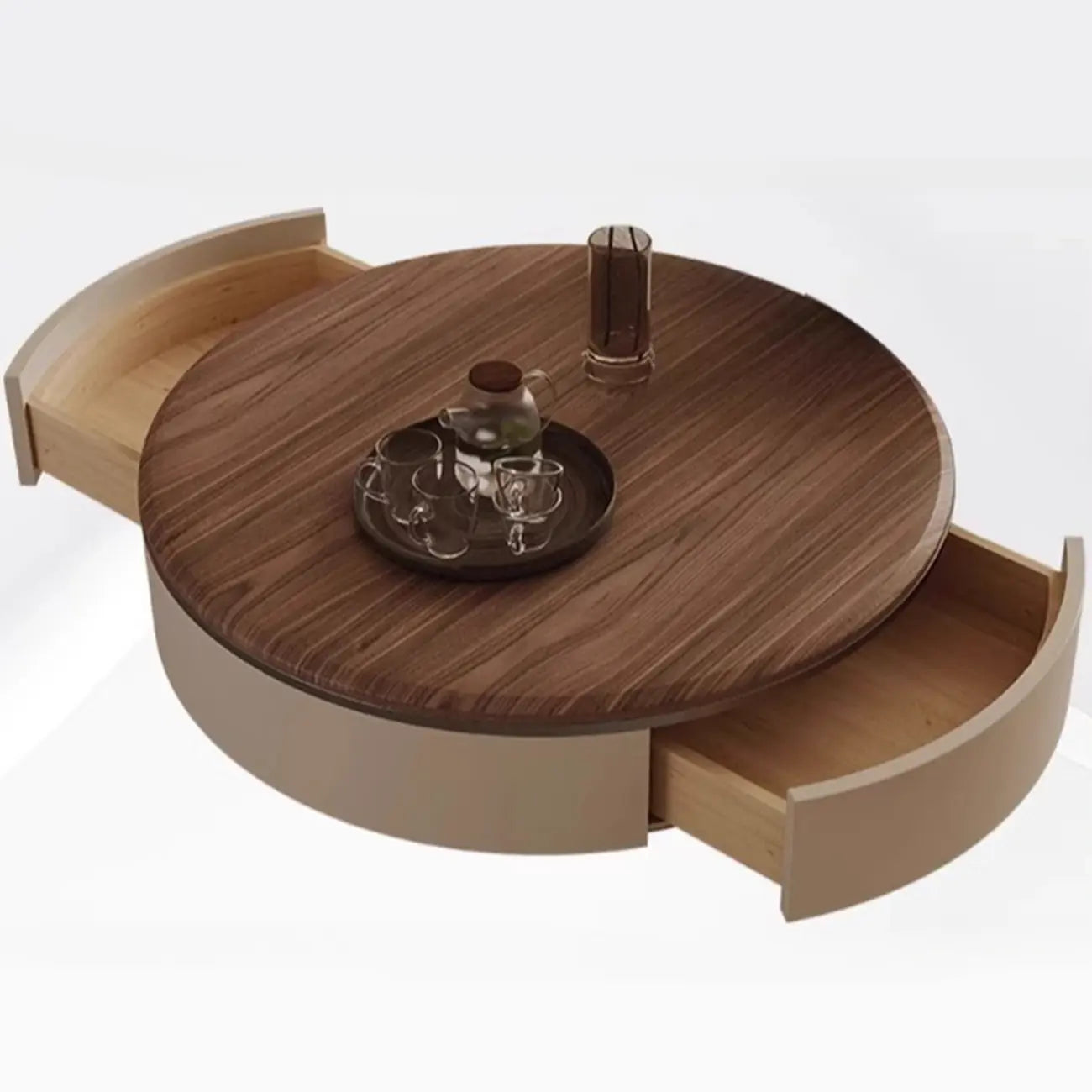 Table basse ronde élégante en bois marron à 2 tiroirs
