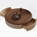 Table basse ronde élégante en bois marron à 2 tiroirs